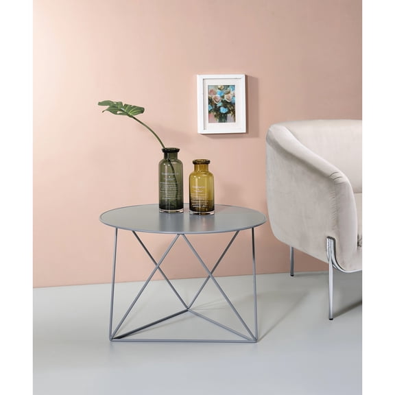 Modern Gray Metal Accent Table With Round Tabletop And Three Uniquely Fashionable Triangle Legs For Any Space Function Versatile In Gray, Living Room Need