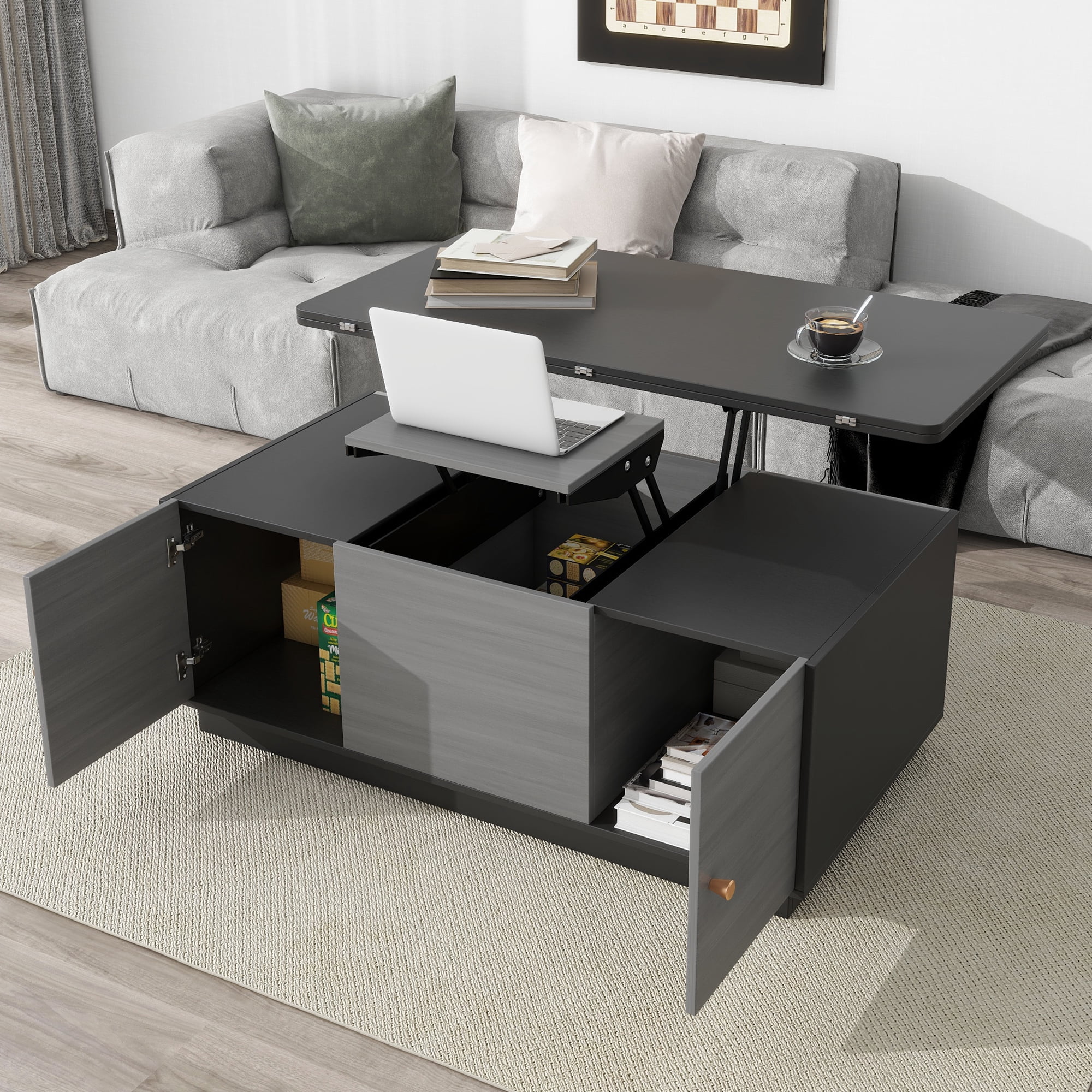 Modern Gray Multi-functional Rectangle Lift-top Coffee Table Extendable ...