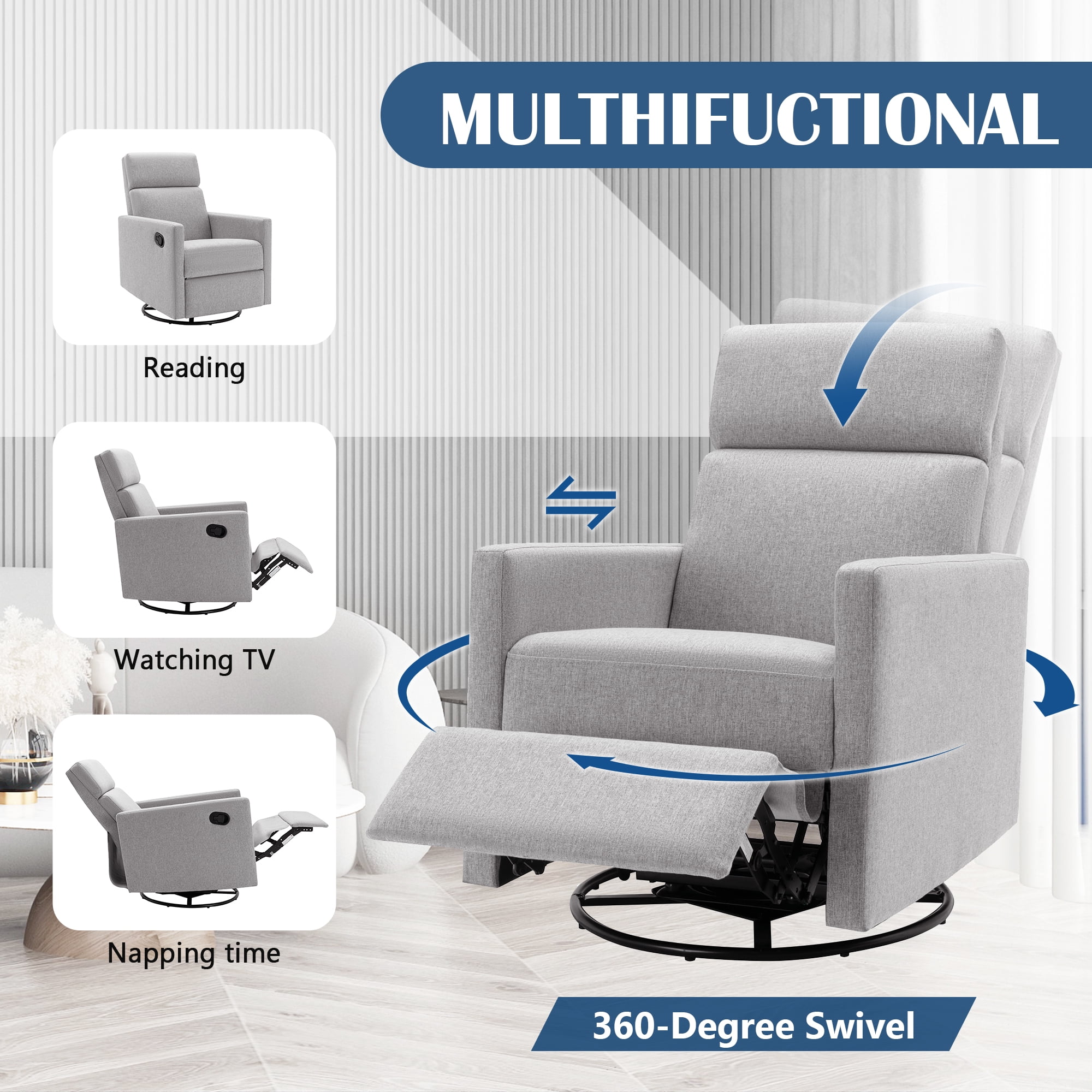 Modern Gray Nursery Glider Recliner Chair with Plush Seating - Swivel ...