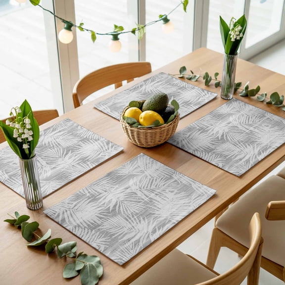 Modern Gray Palm Leaves Placemats Set of 4,Wipeable Washable Table Mats for Dining Tables, Boho Tropical Leaves Place Mats for Kitchen Event Party Tabletop Decor
