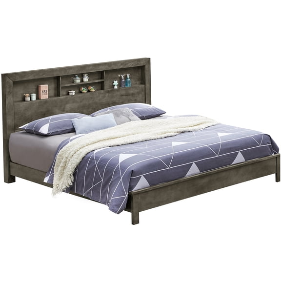 Modern Gray Queen Bed Frame with Upholstered Headboard, Platform Bed Design for Bedroom