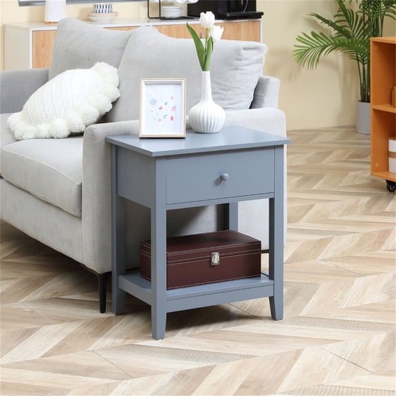 Modern Gray Rattan-Inspired Coffee Table with Drawer & Shelf | 19.75" W MDF End Table for Living Room, Bedroom, Entryway | Stylish Home Decor