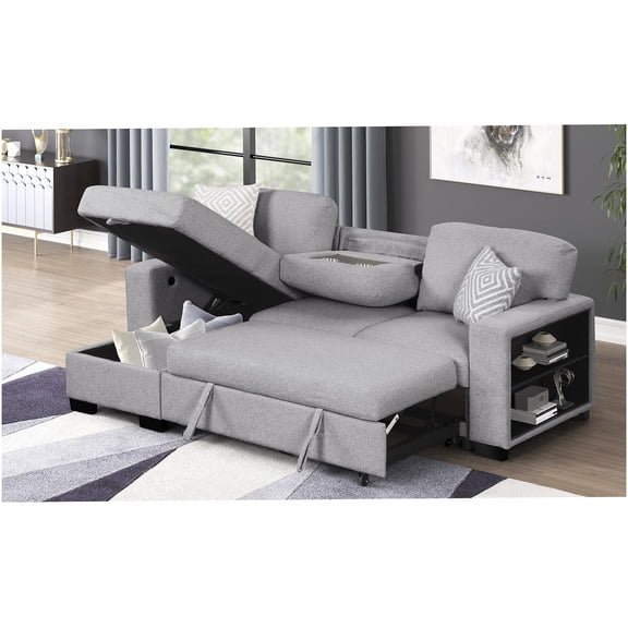 Modern Gray Sectional Sofa with Storage and Sleeper, Reversible Chaise