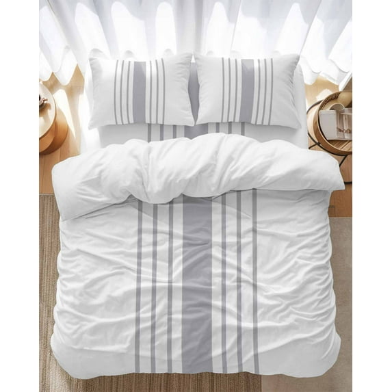 Modern Gray Striped Bedding Duvet Cover Set Full Size 4 Pieces Simple White Background Bedding Set with Zipper Closure, 1 Comforter Cover 86x86 Inches 1 Flat Sheet & 2 Pillow Cases