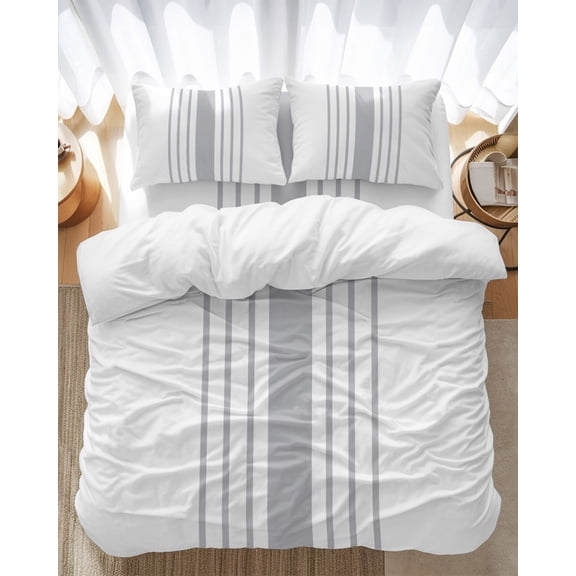 Modern Gray Striped Bedding Duvet Cover Set King Size 4 Pieces Simple White Background Bedding Set with Zipper Closure, 1 Comforter Cover 92x106 Inches 1 Flat Sheet & 2 Pillow Cases