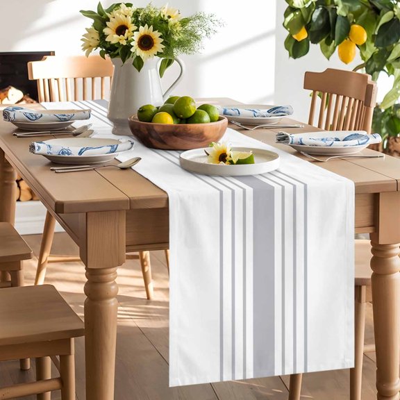 Modern Gray Striped Table Runner, Simple White Background Washable Kitchen Table Runners Dress Scarves for Dining Table Decorations Party/Restaurant/Indoor Outdoor Use, 13x48in