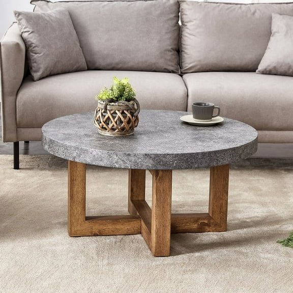 Modern Gray Texture MDF Round Coffee Table - 31.4" Diameter. A Modern Retro Circular Coffee Table with a Diameter of 31.4 Inches, Made of MDF Material, Suitable for Living Rooms.
