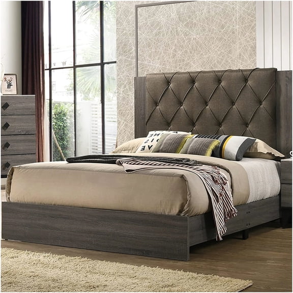 Modern Gray Upholstered King Size Bed Frame with Tufted Headboard, Rubberwood Platform Bed, No Box Spring Needed, Sturdy Bedroom Furniture