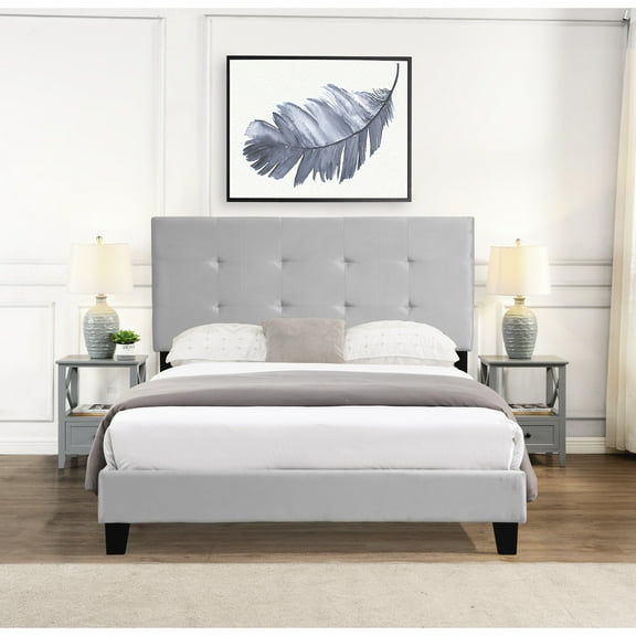 Modern Gray Upholstered Queen Size Bed With Headboard, Strong Wood Slat Support, Mattress Foundation, Easy Assembly, No Box Spring Needed Frame Robust To Build,