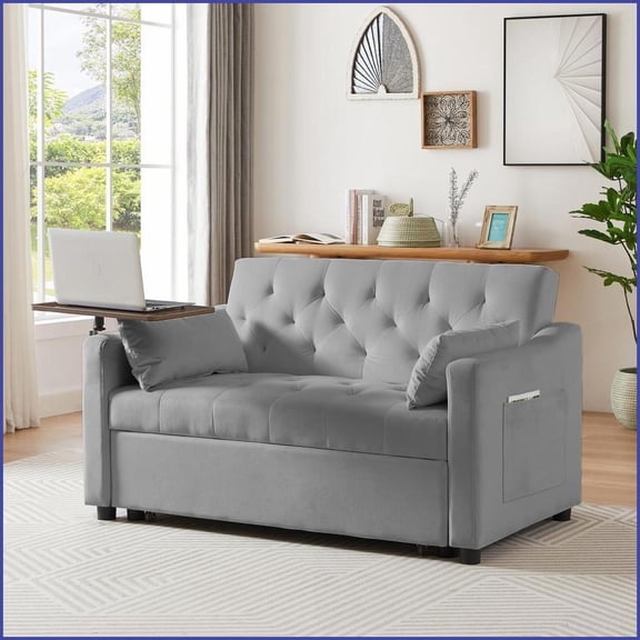 Modern Gray Velvet Convertible Sofa Bed with 3 Adjustable Positions | Gray | Velvet | Tufted Back