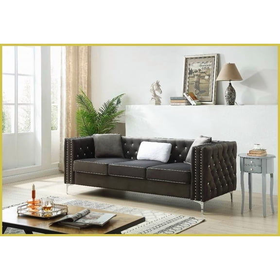 Modern Gray Velvet Tufted Sofa with Faux Diamond Buttons  Ideal for Living Room Comfort & Style