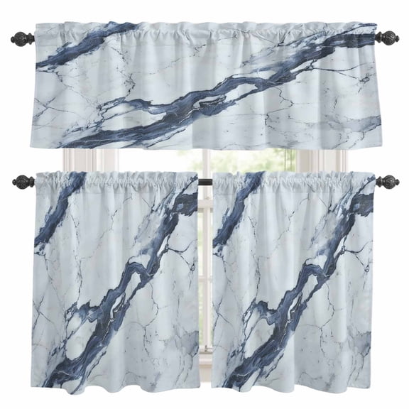 Modern Gray White Kitchen Curtains Sets for Windows 36 Inch Length, Abstract Geometric Marble Patterns Rod Pocket Window Treatments Tier Curtains and Valances Set for Bedroom/Bathroom