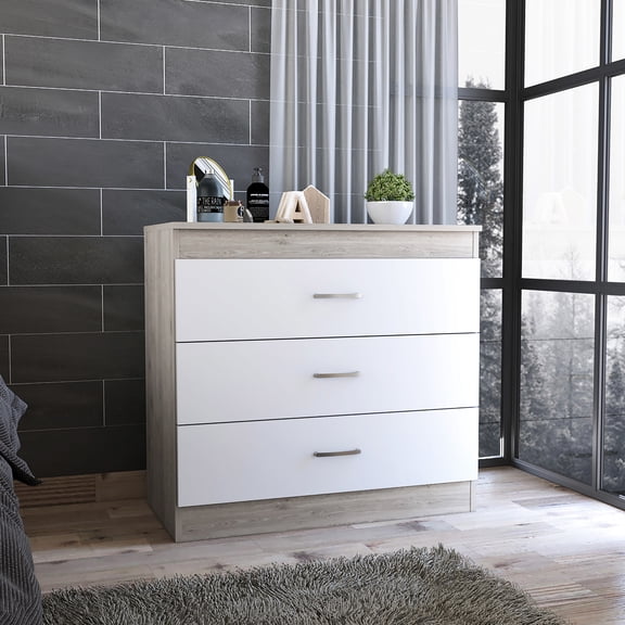 Modern Gray / White Three Drawer Dresser, Abundant Storage Options, Build, Smooth Finish Metal Handles Dresser In White, Chic And Simple, Ample Space, Strong