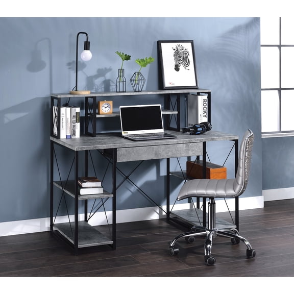 Modern Gray Work Desk With Shelves - Stylish And Organized Ample Keep Your Workspace Well-organized