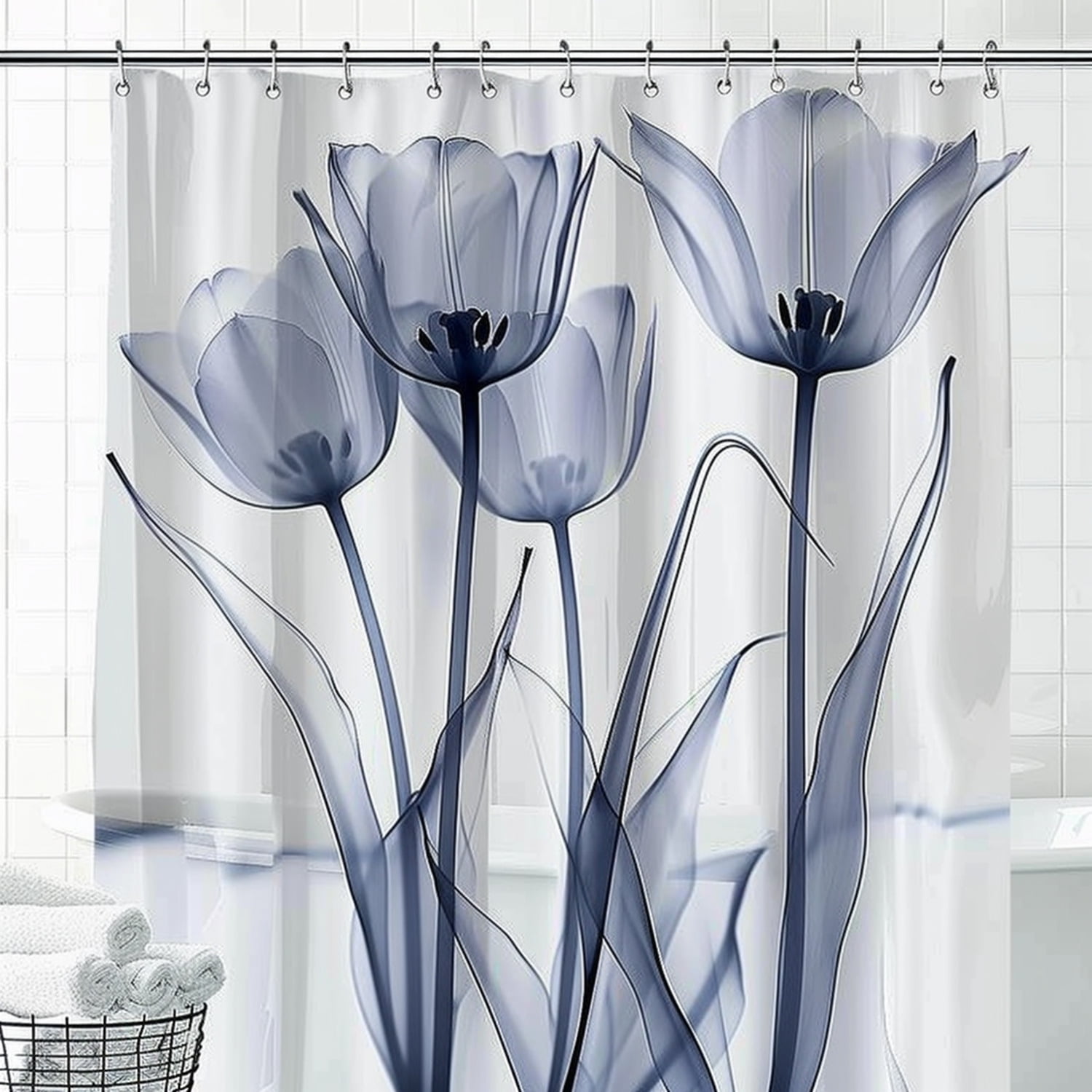 Modern Gray and Blue Tulip XRay Shower Curtain for Bathroom Decor