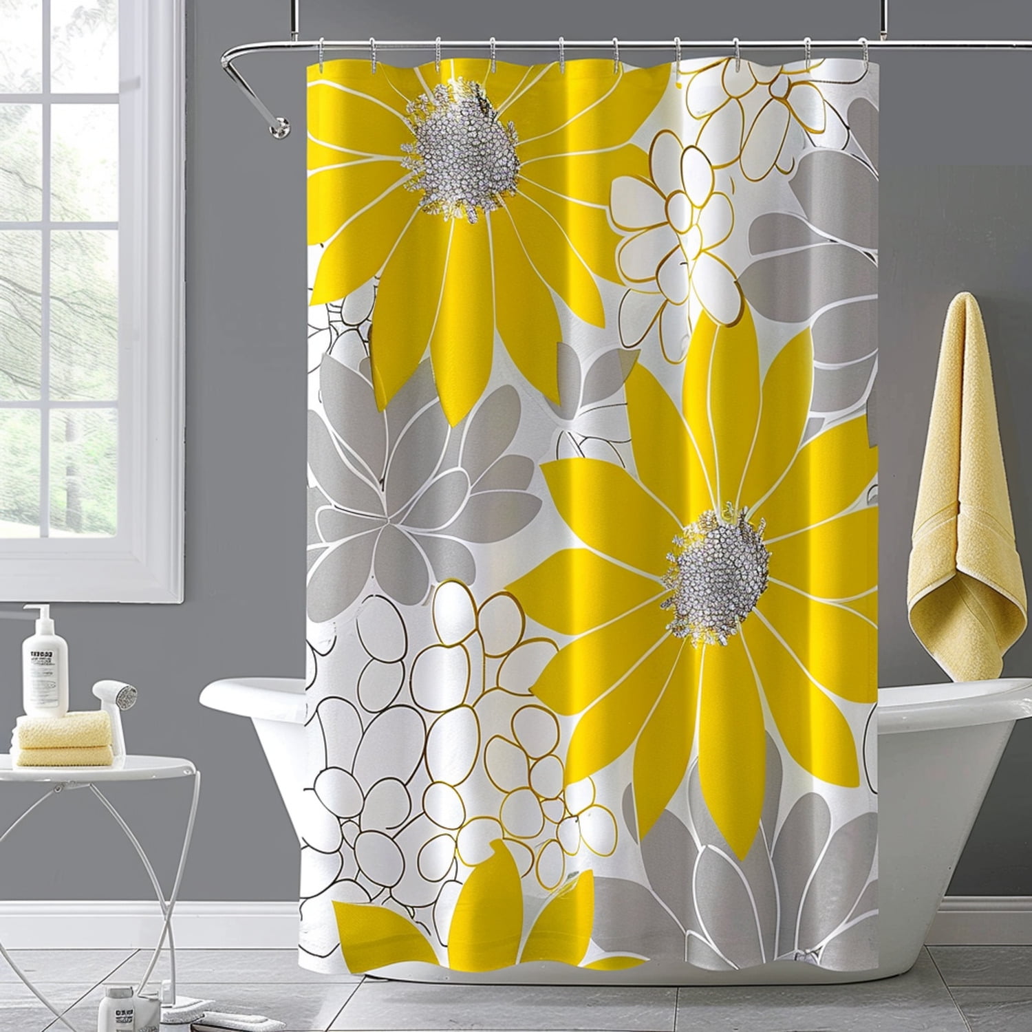 Modern Gray and Yellow Floral Shower Curtain Stylish Bathroom Decor