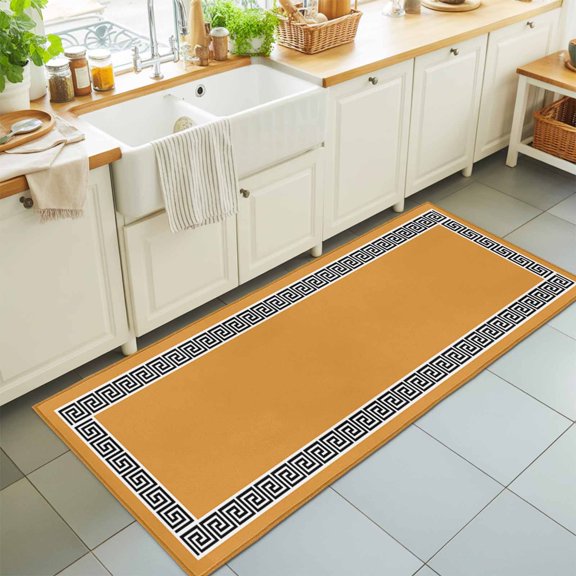 Modern Greek Geometric Art on Orange Rectangle Area Rug 2x6ft,Living Room Rug Non-Slip Washable Circle Rugs Pad,Geometric Soft Floor Carpet for Bedroom Dining Room