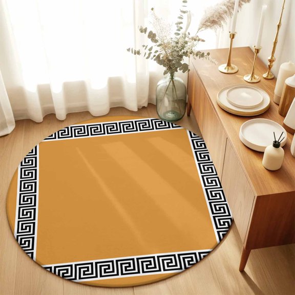 Modern Greek Geometric Art on Orange Round Rug 3ft Geometric Washable Area Rugs for Living Room Bedroom Entryway Non Slip Entrance Door Mat Indoor Floor Carpet