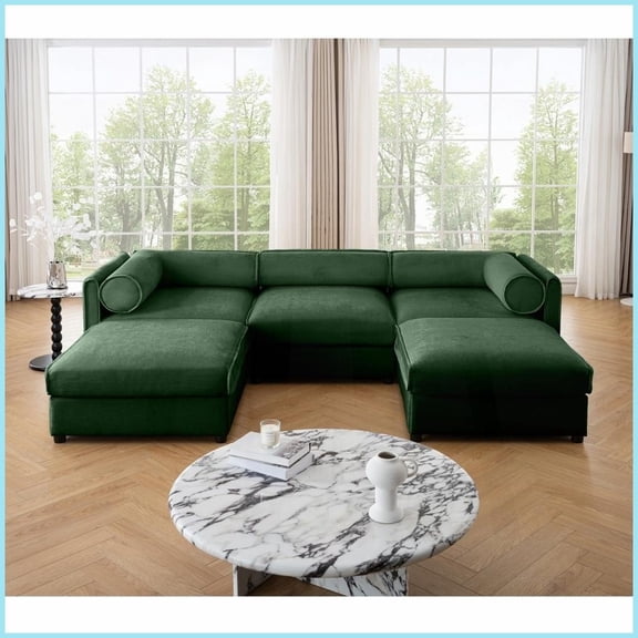 Modern Green Chenille 3-Seater U-Shaped Sofa - Modular with Storage & Ergonomic Backrest for Living Room