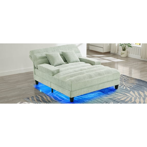 Modern Green Chenille Chaise Lounge Sofa Bed, 57.1" Adjustable Reclining Sofa with RGB LED Lights for Living Room, Plush Upholstered Lounger