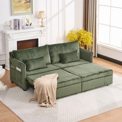 Modern Green Convertible Sofa Bed, 3-in-1 Pull Out Sleeper Sofa with USB Ports & Side Pockets, Full Size Futon Couch for Small Space, Apartment, Living Room, Bedroom, Green
