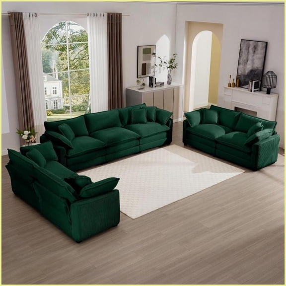 Modern Retro 2-Piece Green Corduroy Sofa Set – 2-Seater + 3-Seater with Deep Memory Foam Cushions | Green | Corduroy | Cushion Back
