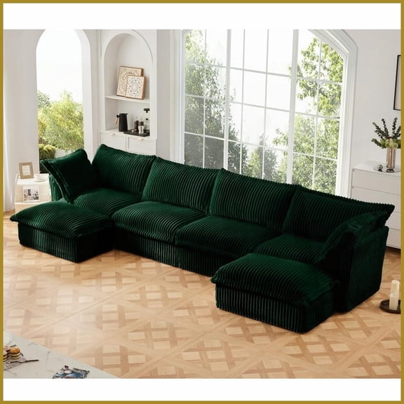 Modern Green Corduroy U-Shape 4-Seater Sectional Sofa with Deep Seat & Removable Covers for Living Room