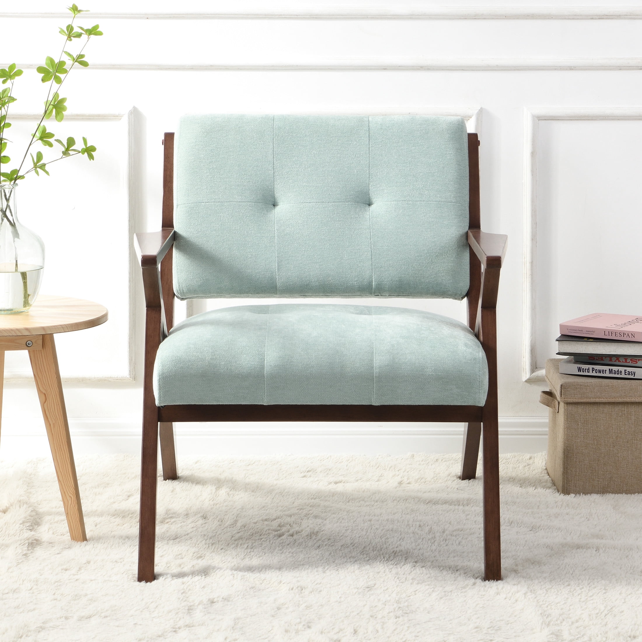 Modern Green Fabric and Rubberwood Lounge Arm Chair