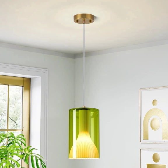 Modern Green Glass Pendant Lighting with Textured Lampshade and Adjustable Golden Metal Canopy Pendant Light Fixture for Kitchen Island, Sink, Dining Room, Living Room, Hallway