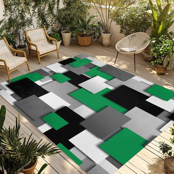 Modern Green Grey Outdoor Rug for Patio/Deck/Porch, Non-Slip Large Area Rug 5 x 7 Ft, Abstract Geometric Color Blocks Indoor Outdoor Rugs Washable Area Rugs, Reversible Camping Rug Carpet Runner