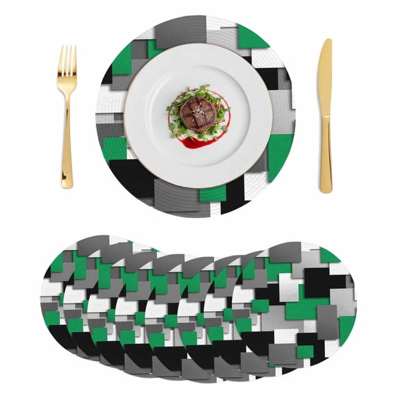 Modern Green Grey Round 13 Inch Placemats Set of 8, Abstract Geometric Color Blocks HeatResistant Non Slip Place Mats for Dining Table, Wipeable Braided Kitchen Table Mats for Housewarming