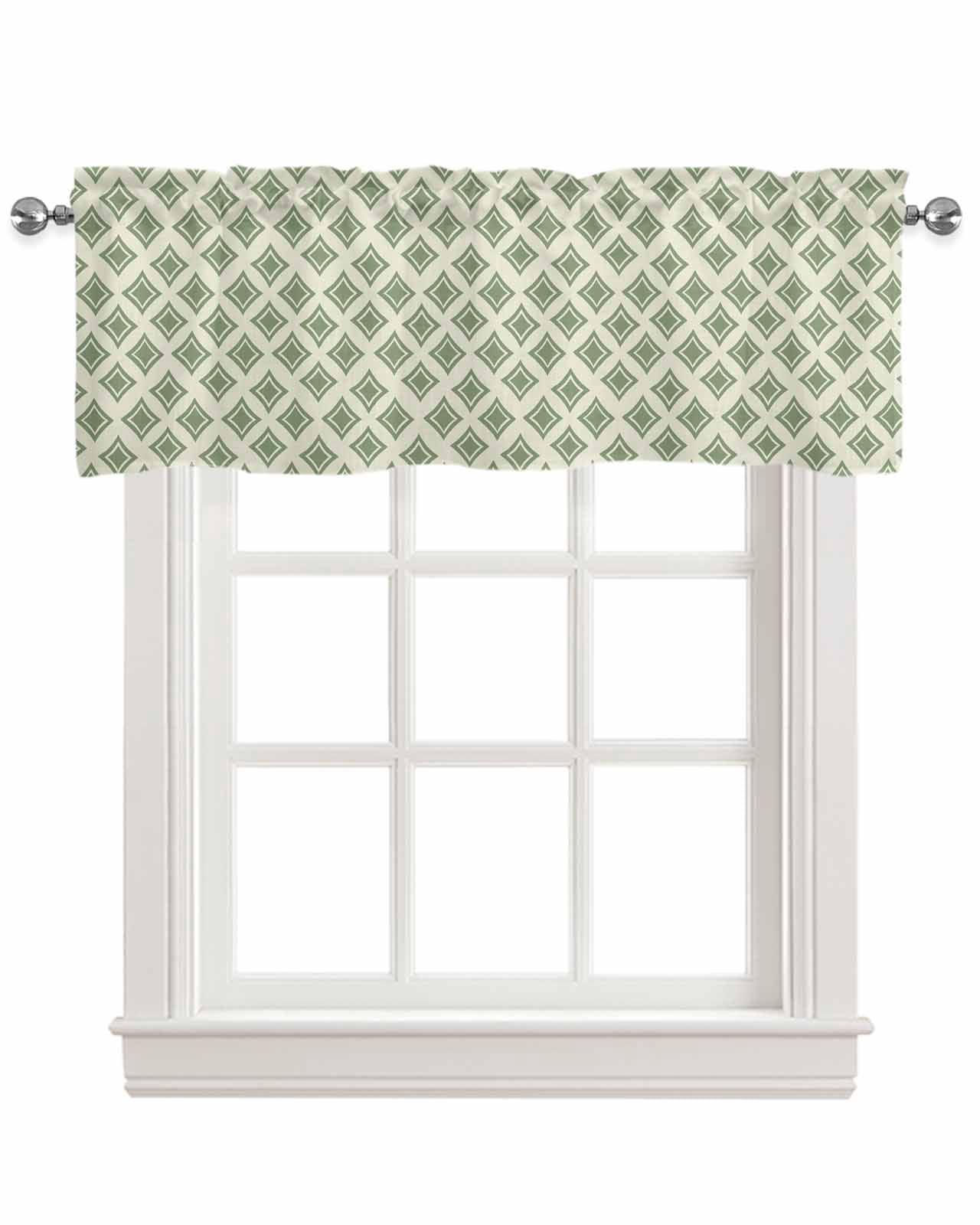 Modern Green Linen Curtain Valance for Bedroom/Bathroom/Kitchen/Office/Living/Dining Room Windows,Geometric Minimalist Spring Summer Rod Pocket Topper Drapes Decorative Cafe Drapery Panel 42x18