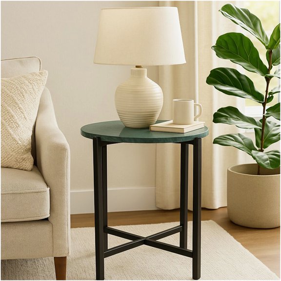 Modern Green Marble Side Table with Sturdy Metal Frame, Compact End Table for Living Room, Bedroom, or Office