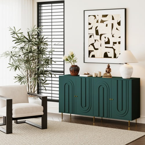 Modern Green Storage Cabinet with Adjustable Shelves, 4 Door Wooden Sideboard Buffet Server Cabinet with Metal Legs for Living Room Dining Room Entryway Kitchen, Matte Lacquered Finish