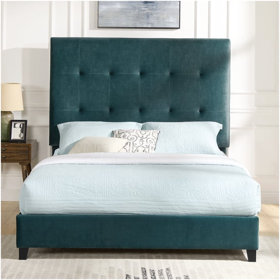 Modern Green Velvet Queen Bed with Upholstered Headboard, Platform Bed Frame with Wood Slats, No Box Spring Required
