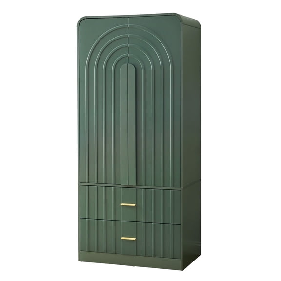Modern Green Wardrobe Armoire with 2 Drawers & Hanging Rod, Mid-Century Bedroom Closet with Arched Groove Design, Smooth Rounded Corners & Anti-Tip Kit, Freestanding Storage Cabinet for Bedroom