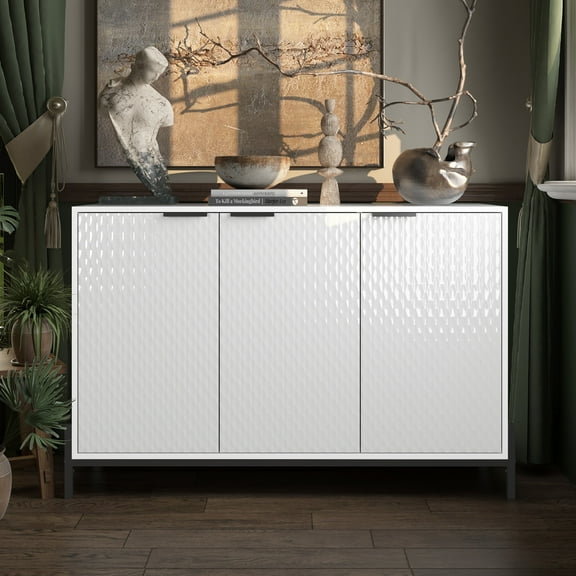 Modern Green and White High Gloss 3-Door Cabinet -Buffet Sideboard with Powder Coated Metal Feet