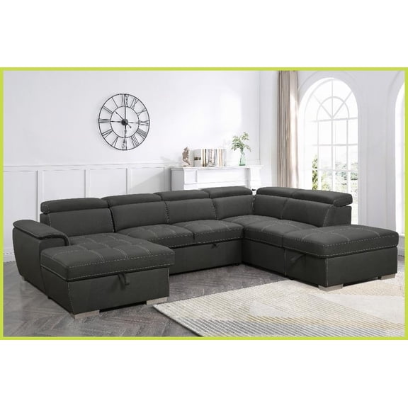 Modern Grey 7-Seater U-Shaped Sectional Sofa with Adjustable Headrest, Storage & Pull-Out Bed - Polyester Living Room Furniture