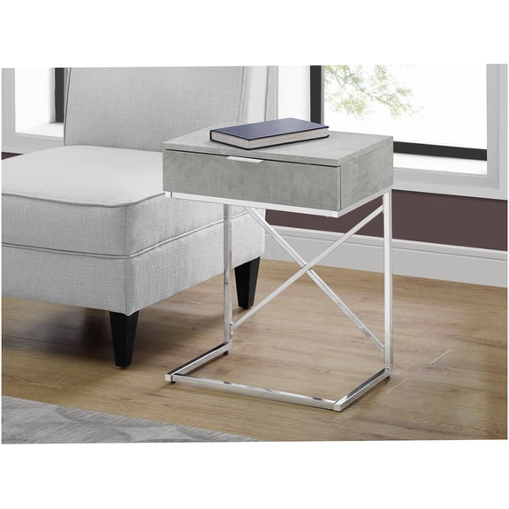 Modern Grey Accent Table with Storage Drawer, Chrome X-Base Side End Table for Living Room Bedroom