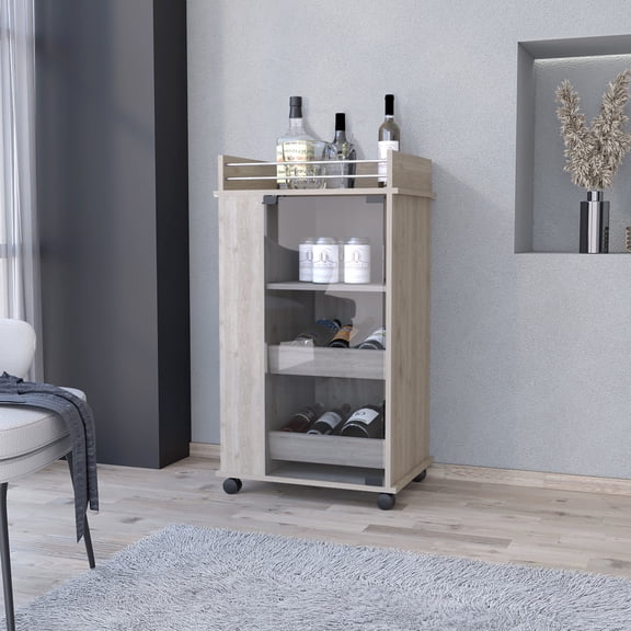 Modern Grey Bar Cart with 2-Side Shelves / Showcase Glassware and Spirits