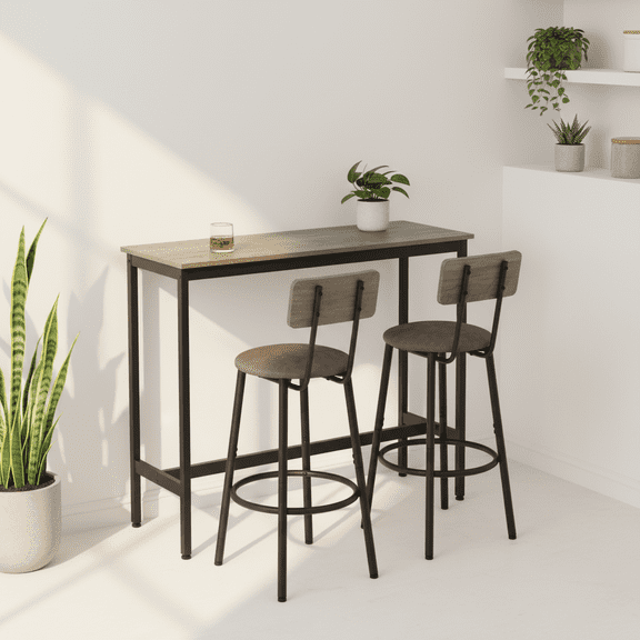 Modern Grey Bar Table Set with 2 PU Bar Stools, Backrest & Footrest - 35.4”H Counter Height Table & Chairs for Small Space, Kitchen Island, Bar or Living Room