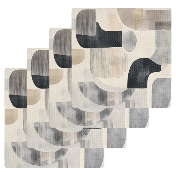 Modern Grey Beige Kitchen Dish Towels for Drying Dishes Set of 4, Abstract Geometric Textured Waffle Weave Microfiber Hand Tea Bathroom Towels Quick Dry & Absorbent Towel 12x12