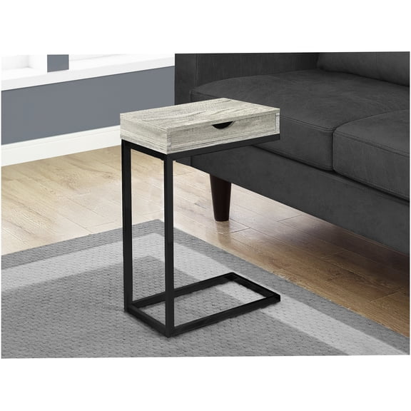 Modern Grey C-Shaped End Table with Storage Drawer, Accent Side Table for Living Room, Bedroom, Snack Table with Black Metal Base