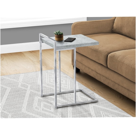 Modern Grey C-Shaped Sofa Side Table with Chrome Metal Base, Portable End Table for Living Room, Bedroom, Snack Table, Contemporary Accent Table