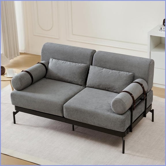 Modern Grey Chenille 2-Seater Loveseat with Cylindrical Armrests & USB Ports for Living Room
