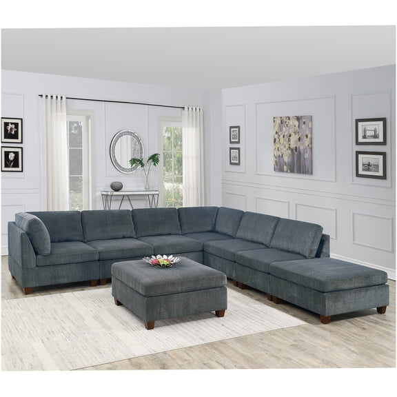 Modern Grey Chenille 8-Piece Sectional Sofa Set with L-Shape Design and Storage Ottomans