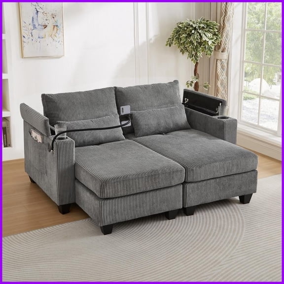 Modern Grey Corduroy Convertible Sofa Bed - 63 Loveseat Chaise Lounge with USB Ports, Cup Holders & Storage for Living Room Bedroom