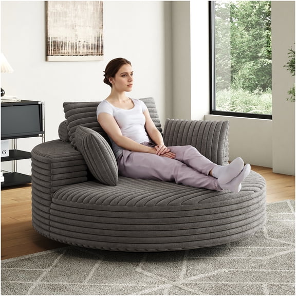 Modern Grey Corduroy Swivel Chair, 55" Single Foam Sleeper Sofa with 360-Degree Rotation for Living Room and Lounge