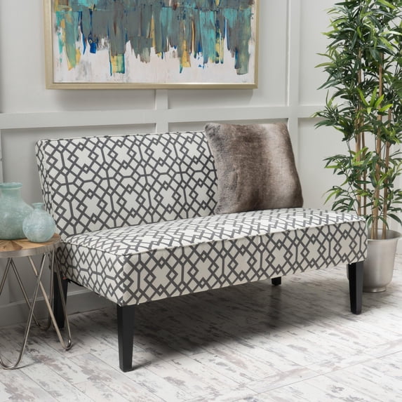 Modern Grey Fabric Loveseat Sofa with Geometric Pattern - Compact Two-Seater for Living Room, Polyester Upholstery & Birch Wood Legs