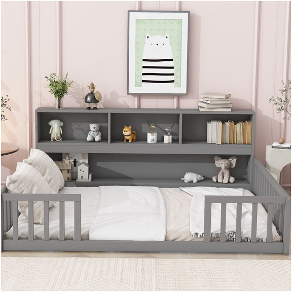 Modern Grey Full Size Platform Bed with Safety Rails and Built-in Storage Shelf, Space Efficient Floor Hugging Design